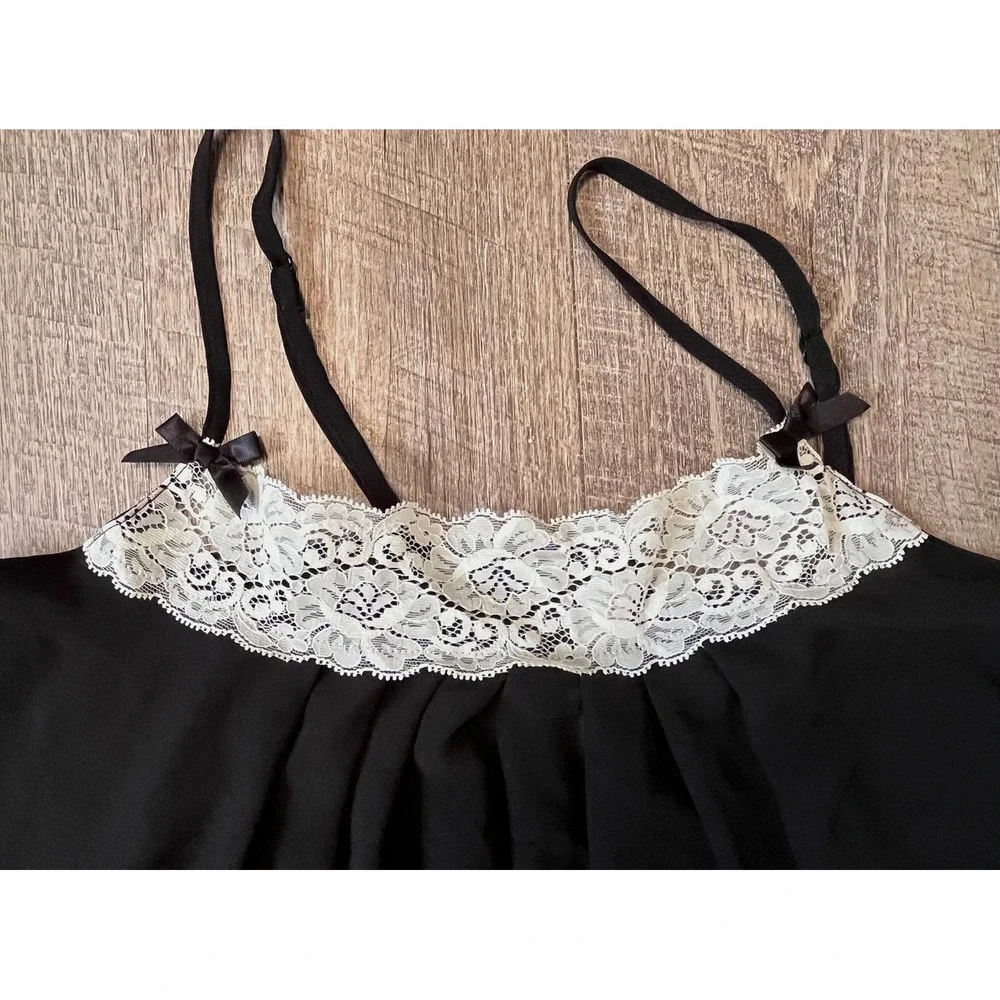 Gilligan & O'Malley black babydoll lingerie lace trim‎ bows size M sheer chiffon
